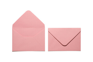 Top view photo of two open and closed pastel pink envelopes on isolated white background with blank...