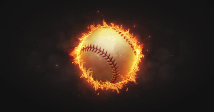 Rotating baseball ball in burning fire flames on dark background. Sport equipment as loopable 4K video background.