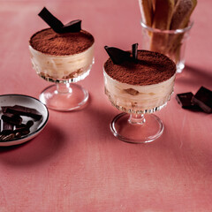 breakfast on the table tiramisu dessert rose background 