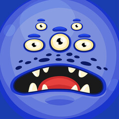 Funny cartoon monster face with crazy eyes. Cheerful face emotions. Illustration of cute, wicked mythical alien creature expression. Halloween party design for kids. Vector isolated