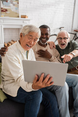 Positive multiethnic senior friends using laptop at home.