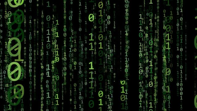 Green matrix raining binary code - black background - animation