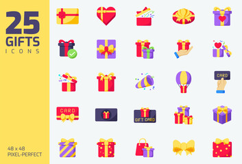 Gift Icons set, Gifts, Gift Cards, Present, Surprise, Colored Flat Icons Vector Illustration set