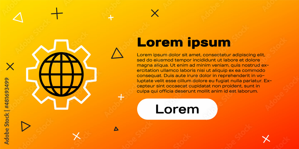 Poster line globe of the earth and gear or cog icon isolated on yellow background. setting parameters. glob