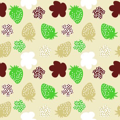 Multicolored strawberries and spotted flowers seamless pattern. Perfect for T-shirt, textile and prints. Hand drawn illustration for decor and design.