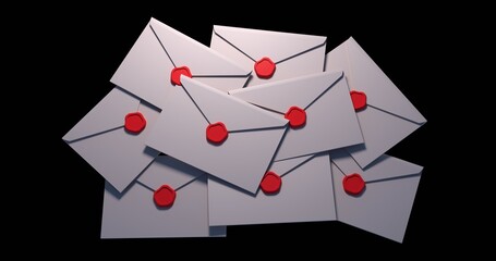A white pile of letters with a red rubber stamp or wax seal. Low poly letter. 3d rendering.