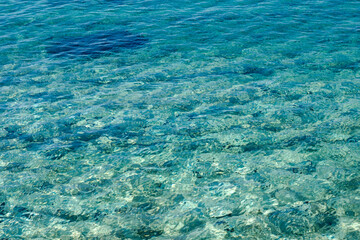 Clear blue-green waters in shallow sea  with small waves. Concept of calm, cool, relaxing. Cold background, taken in Koufonisia island, Greece
