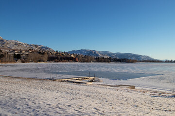 An ice rink on Osoyoos Lake in British Columbia, Canada on a cold winter day
