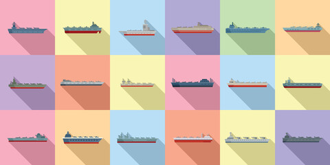 Aircraft carrier icons set flat vector. Army carrier