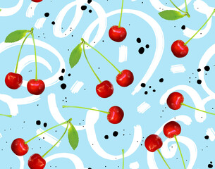 Bright textile fresh fashionable digital photo print pattern wallpaper decor with the image of cherry berries on a light blue background with black spots dots.