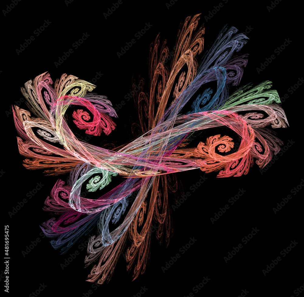 Aufkleber colorful spirals overlap each other and rotate around the center on a black background. abstract fra