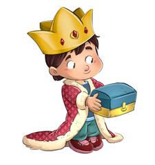 Illustration of a boy dressed as a king with a treasure chest © cirodelia