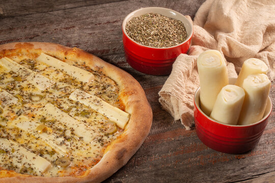 delicious heart of palm pizza on wooden table