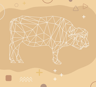 Abstract stylized bull in low polygonal style on beige background with Memphis elements. Geometric bison. Used for posters, brochures, postcards, covers and banners. Stock vector illustration.