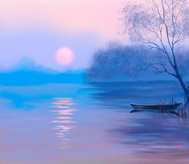 Evening blue landscape near the river at sunset with a boat. Digital illustration