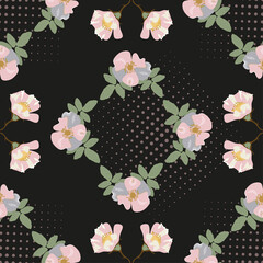 Floral seamless pattern. Wild rosehip flowers with leaves on dark background with gray dots, vector illustration for scarf fabric design