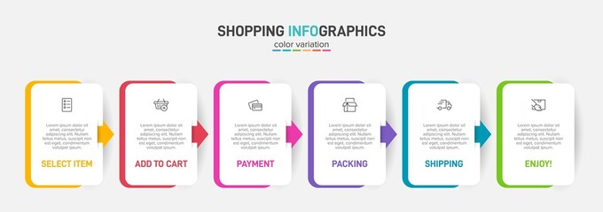 Concept of shopping process with 6 successive steps. Six colorful graphic elements. Timeline design for brochure, presentation, web site. Infographic design layout.