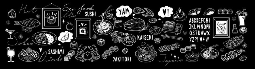 big set of sea food and japan restaurant foods items and words, english handmade font alphabet, decorations for chalk board public catering for your design, drawings of sushi, drinks, plates, foods.