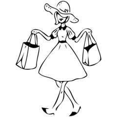 Shopping woman with bags - vector line illustration