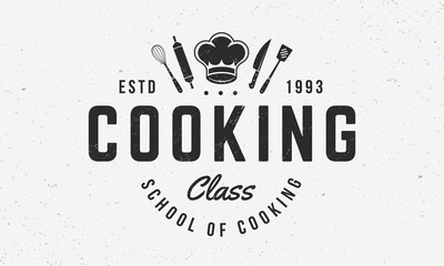 Cooking Class logo. Cooking emblem with chef hat, knife, whisk and rolling pin. Trendy poster design. Vector illustration