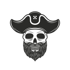 Pirate’s skull with pirate hat and beard isolated on white background. Pirate logo, emblem. Vector illustration