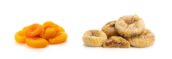 Dried apricots, dried figs isolated on white background. Collage of different dried fruits.