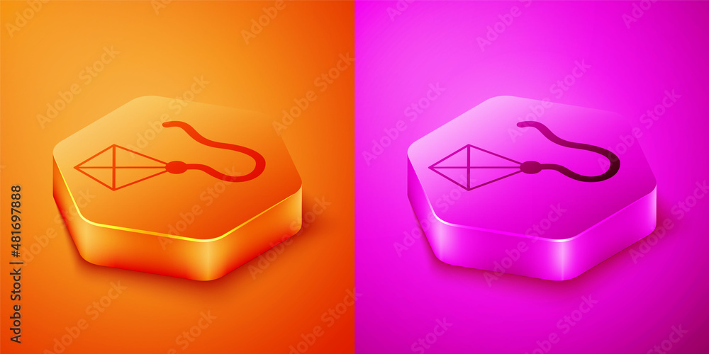 Poster isometric kite icon isolated on orange and pink background. hexagon button. vector