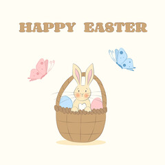 Cute Easter Bunny in a Wicker Basket with Eggs Flying Butterflies Easter Card