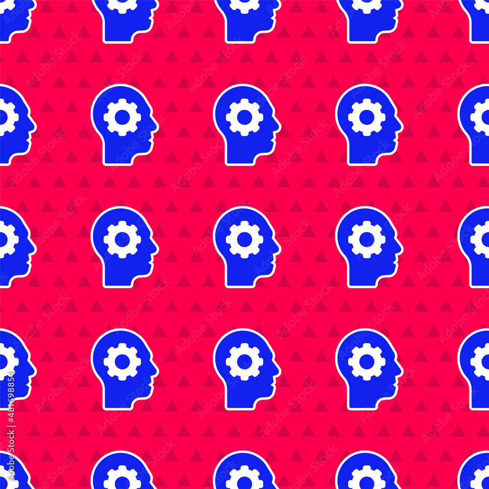 Poster Blue Human head with gear inside icon isolated seamless pattern on red background. Artificial intelligence. Thinking brain. Symbol work of brain. Vector
