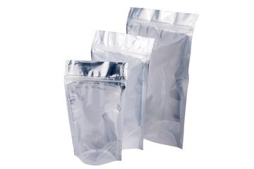 Set of Aluminum foil bag Plastic Laser Mylar Foil Zip Lock Bag isolated on white background. - 481698857