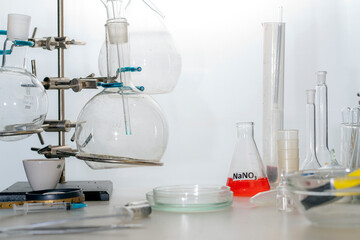 Lab glassware, science laboratory research in the university, Selective focus.