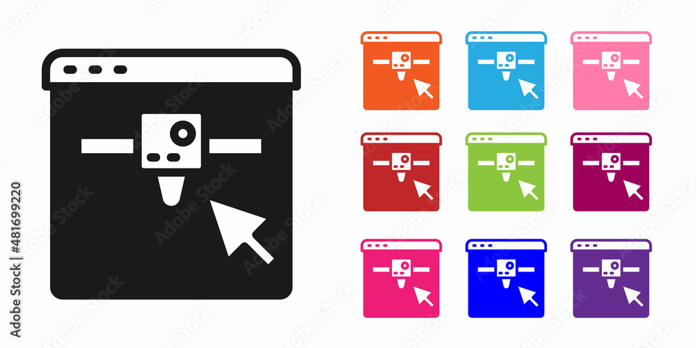 Poster black 3d printer setting icon isolated on white background. 3d printing. set icons colorful. vector