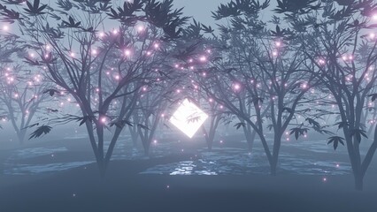 abstract mystical forest with glowing particles and cube, 3d render
