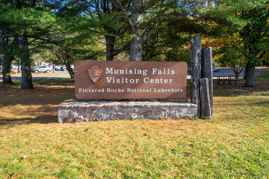 Munising, Michigan - October 19, 2021: Sign for Munising Falls Visitor Center in Pictured Rocks National Lakeshore