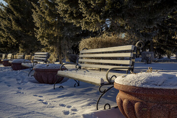 Bench and flower vase in winter park during sunset.