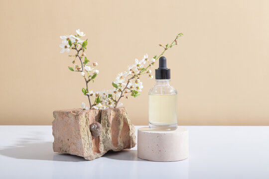 Glass dropper bottle with face serum on podium with blooming twigs on beige background. Horisontal stock photo