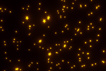 3D Render of many small yellow orange particles and stars flying on black festive background. Trendy backdrop for your design. Banner, three-dimensional illustration