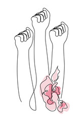 Girl power Raised Up fist with pink flowers. Women freedom and unite. Feminist vector in one line art for International Women day - obrazy, fototapety, plakaty