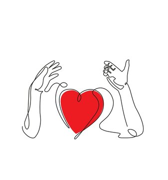 Hands Holding Heart. Continuous line drawing style. Vector illustration.