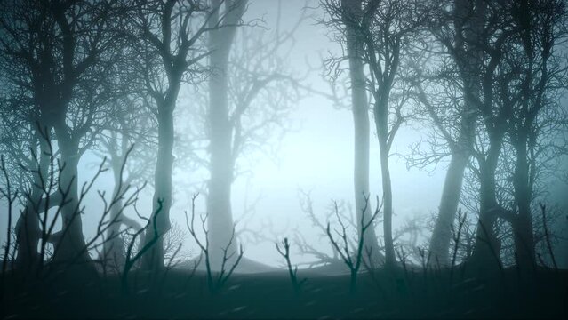 Night landscape with mystical forest and fog, motion horror, mystical and Halloween style background