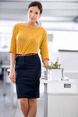 Priding herself on her professionalism. A beautiful young businesswoman standing alongside her desk in the office.