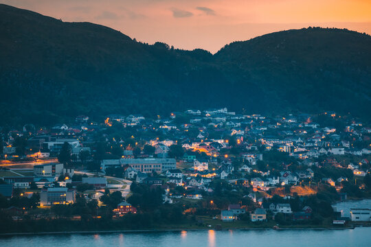 Alesund, Norway. Night View Of Residential Area In Alesund Skyline. Cityscape In Summer Morning. Alesund, Norway. Night View Of Residential Area In Alesund Skyline. Cityscape In Summer Morning.