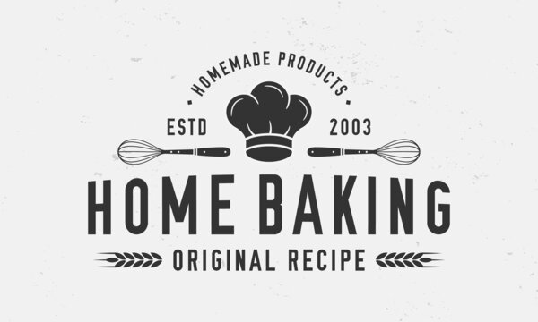 Home baking vintage logo. Bakery poster, logo template. Chef's hat silhouette. Bakery hipster logo design. Vintage typography. Home baking logo, label, stamp, poster. Vector illustration