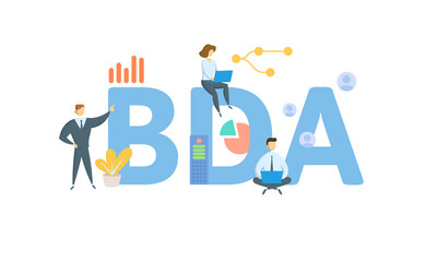 BDA, Big Data Analysis. Concept with keyword, people and icons. Flat vector illustration. Isolated on white.