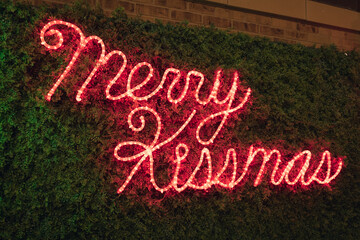 Red Neon Merry Kissmass sign on a leaf background