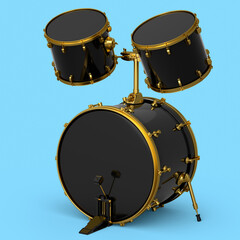 Obraz na płótnie Canvas Set of realistic drums with pedal on blue. 3d render of musical instrument