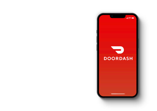 Doordash online food ordering and delivery platform app on the smartphone iPhone 13 screen. White background. Rio de Janeiro, RJ, Brazil. January 2022
