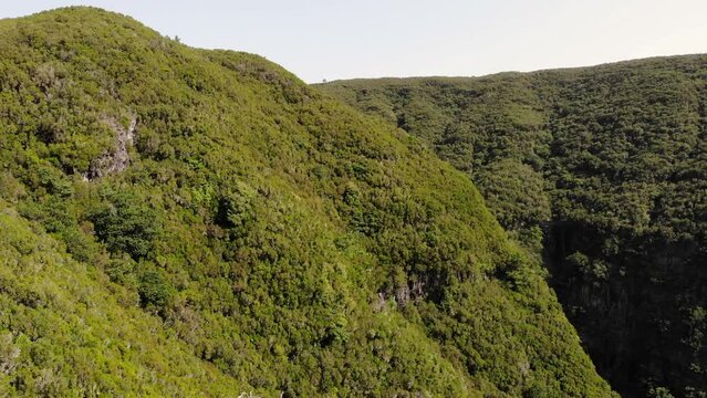 Aerial footage of spectacular jungle waterfall falling over sheer cliff.