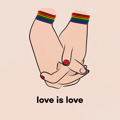 Love is love. Card. Lgbt. Pride, rainbow bracelets, lgbt colorful, sexuality, hands