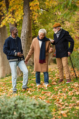 Happy multiethnic senior men talking in autumn park.